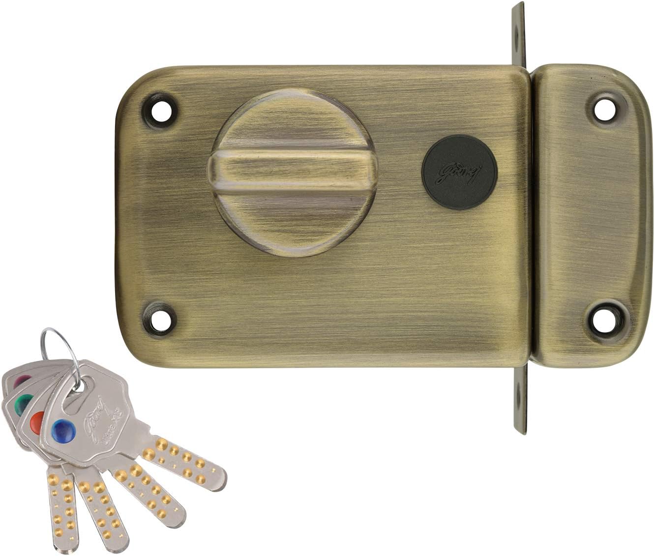 Godrej Rim Lock l 1CK Deadbolt I for Home Main Door I for Outside Opening Main & Safety Door I Left/Right-Handed Doors I Manual Locking I 4 Keys l Antique Brass Finish l 5 Year Warranty