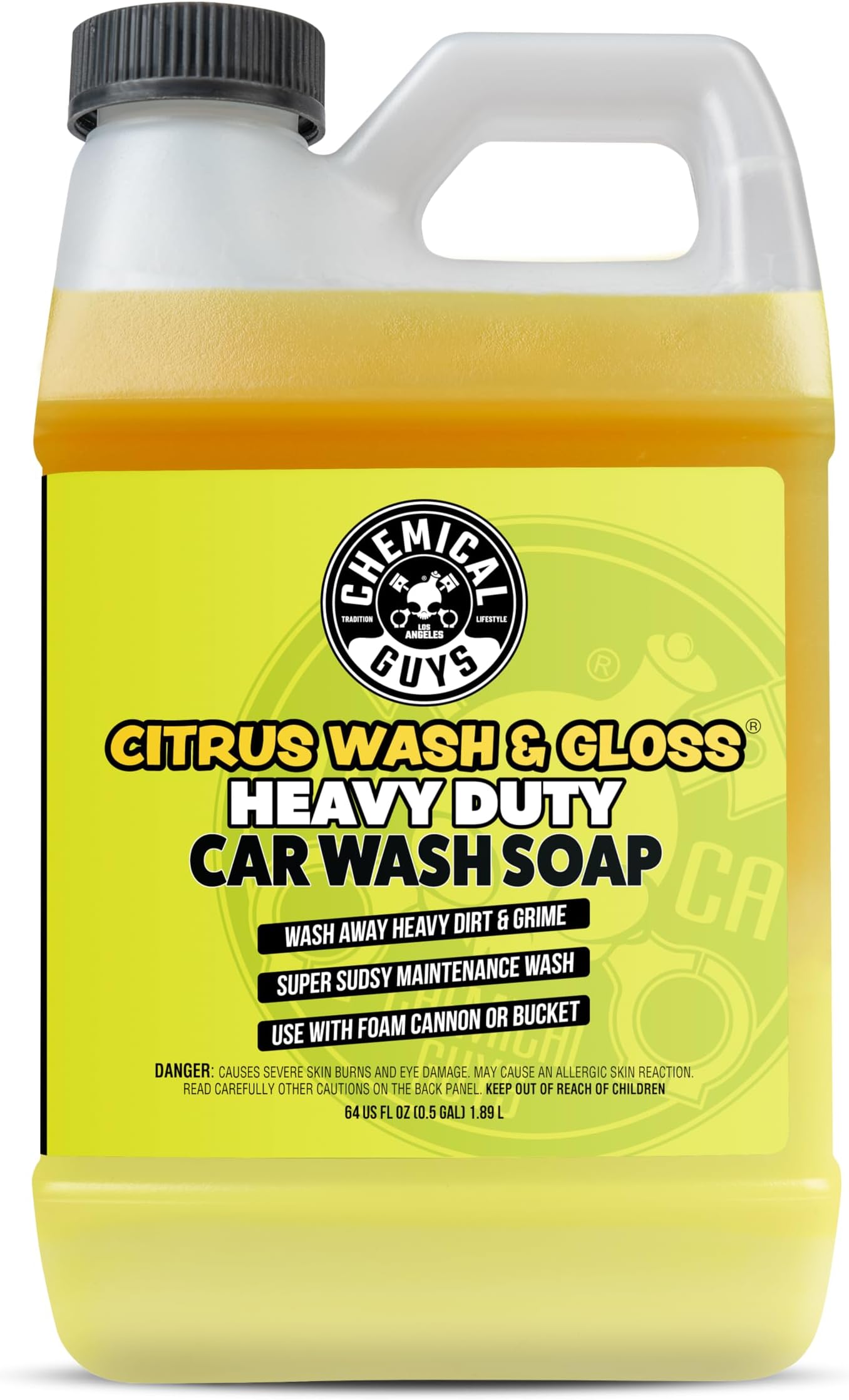 Chemical Guys Citrus Wash & Gloss Foaming Car Wash Soap - High Suds Formula Foam Cannon Soap for Foam Blasters, or Bucket Washes - Safe on Paint, Clear Coat, and Wax, Citrus Scent - 64 oz
