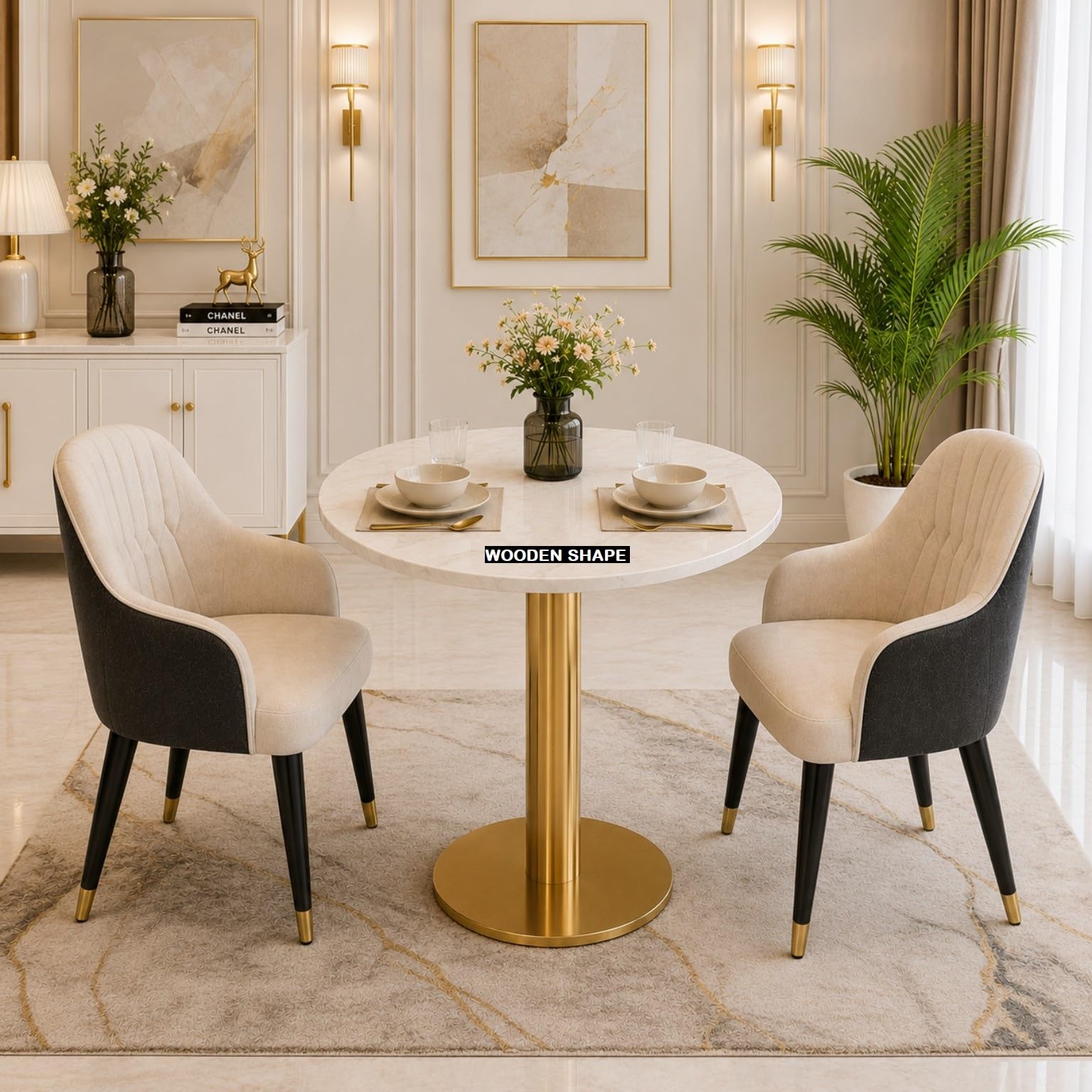 Premium 2 Seater Round Dining Table Set with 2 Upholstered Chairs | White Marble Top | Gold Metal Pedestal Base | Modern Dining Table for Dining Room for Home Kitchen & Cafe & Small Spaces-image-26