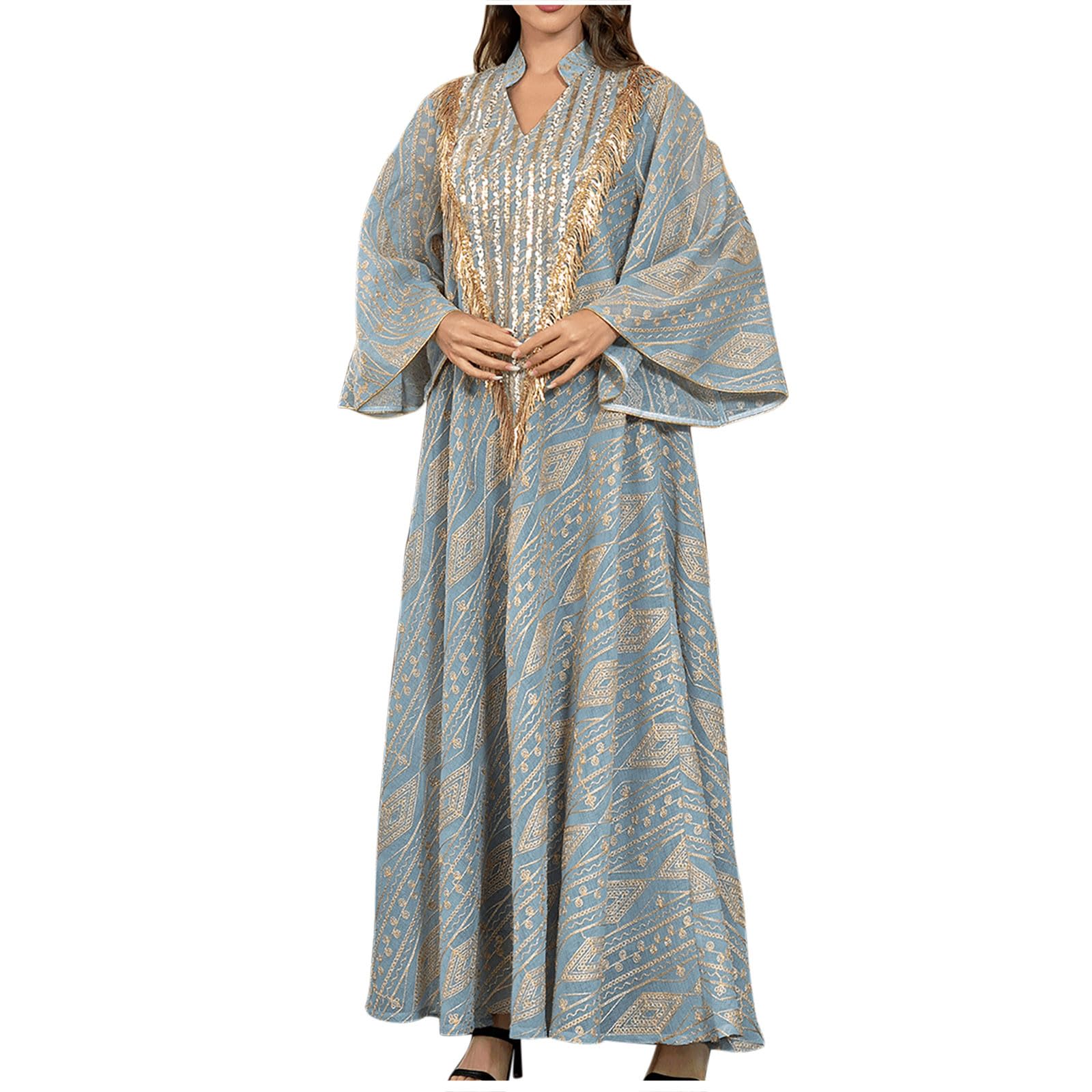 Generic Vestidos de mujer para mujer, cuello barco, ajuste holgado, largo, victoriano, musulmán, campesino, diamantes de imitación, steampunk, verano, otoño 2024