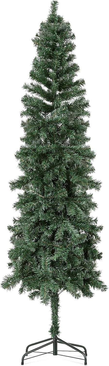 MoNiBloom 5.5 Feet Hinged Artificial Christmas Tree with Metal Stand and PVC Branch Tips, White Slim Pencil Xmas Tree for Holiday Decoration Home Office Party Indoor Outdoor, Easy Assembly
