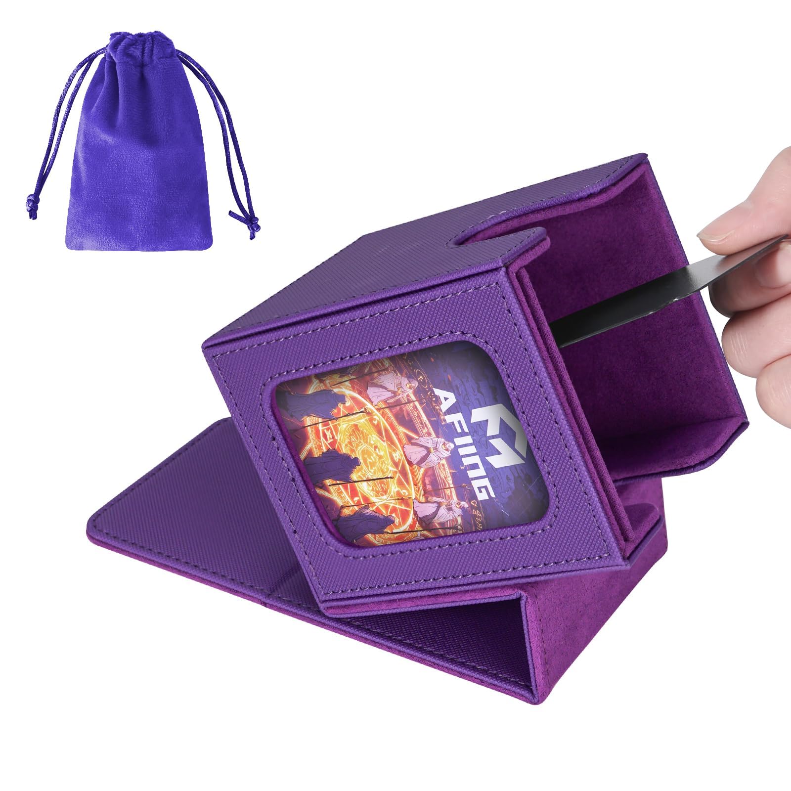 AFIING MTG Deck Box for Commander Display,Card Deck case Fits 100 Double Sleeved Cards, Magic Commander TCG Card Storage Box with 2 Dividers,Dice Bag and 1 Toploader(Purple) — image 1
