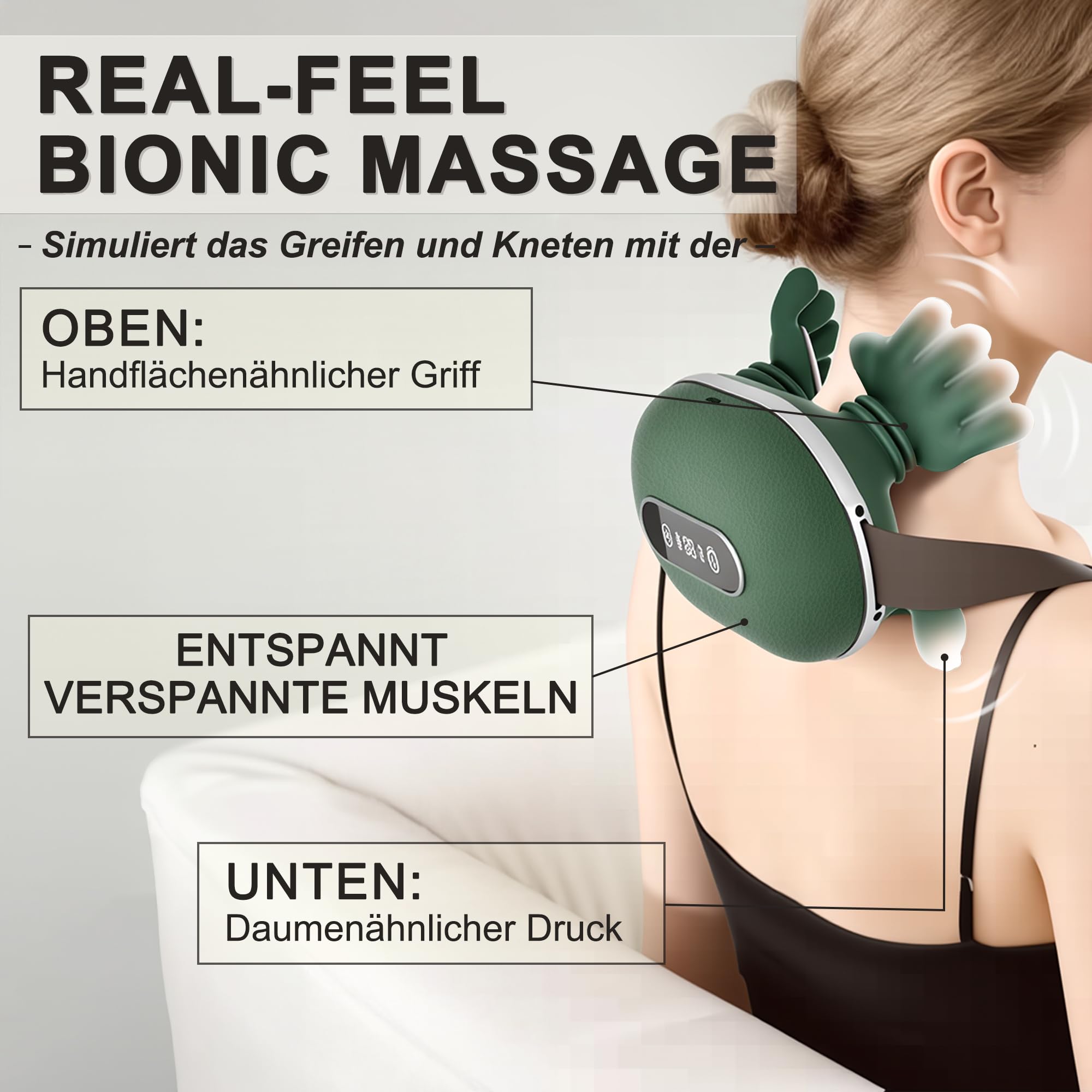 Massagegerät, 4D Nackenmassagegerät, Touchscreen-Tasten, mit 3 Massageprogrammen und 2 Heizstufen, Entspannt die Muskeln und lindert Müdigkeit, Das Perfekte Geschenk für Familie und Freunde.
