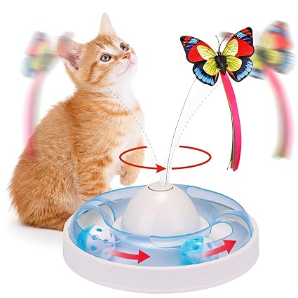 Healthlif Interactive Cat Toys -Cat Tracks Fun Levels of Interactive Play, Electric Rotating Butterfly with Two Replacements & Ball Exercise Kitten Toy,Hunting, Chasing and Exercising (Blue)