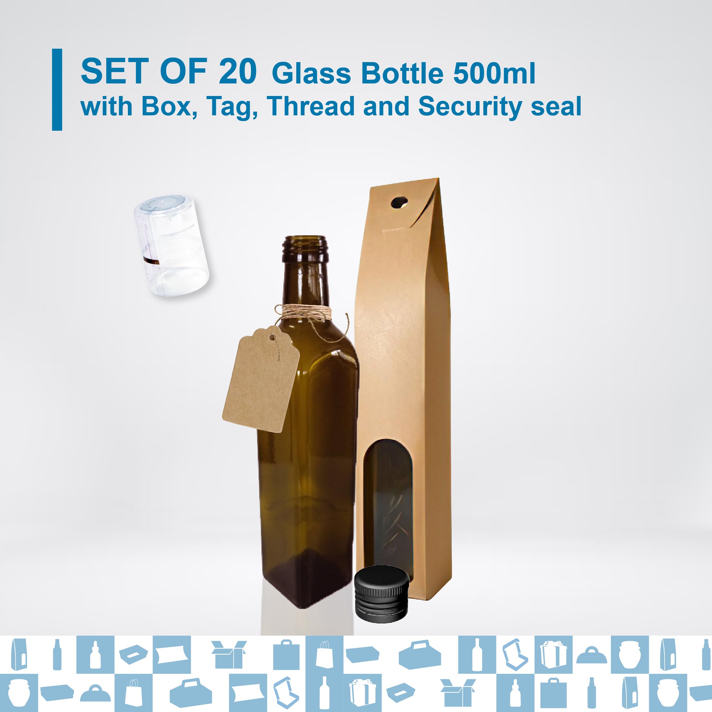 Espirito Rebelde 20 x Flaschen aus dunklem Glas, 500 ml, mit schwarzem Schraubverschluss, 20 Schachteln + 20 Siegel + 20 Kraftetiketten + Schnur – Olivenöl, Essig, Alkohol – Ölflasche aus Glas