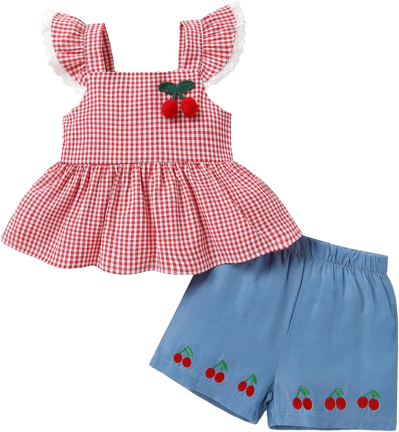 YOUNGER TREE Toddler Girl Clothes Ruffled Short-Sleeve Plaid Top and Shorts Set Baby Summer Outfits