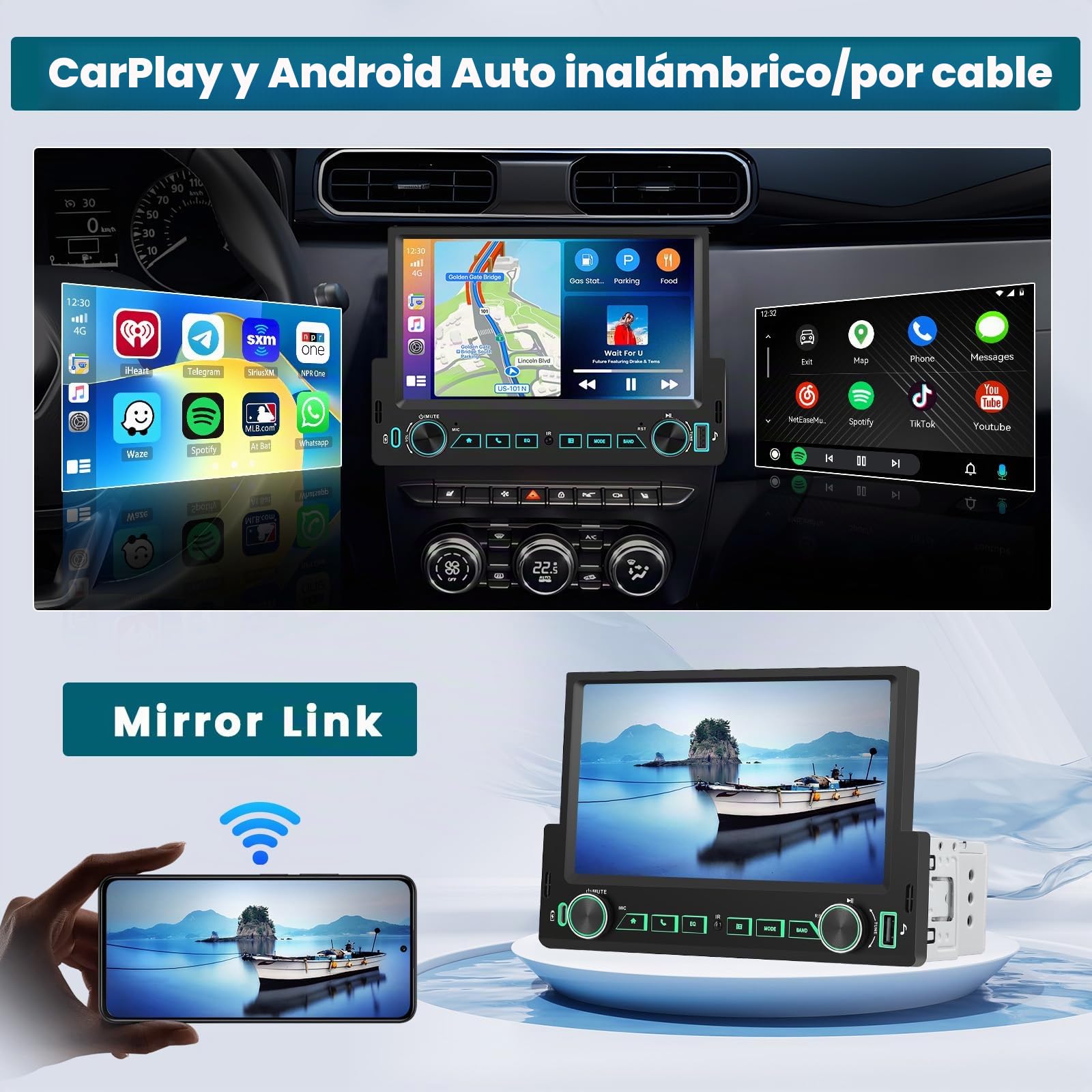 Hikity Radio Coche Bluetooth 1 DIN con Carplay Android Auto inalámbrico, Radio 1 DIN con Pantalla Táctil de 7 Pulgadas, Lien Miroir, Radio FM, Tipo-C + USB, SWC, EQ, Cámara Trasera