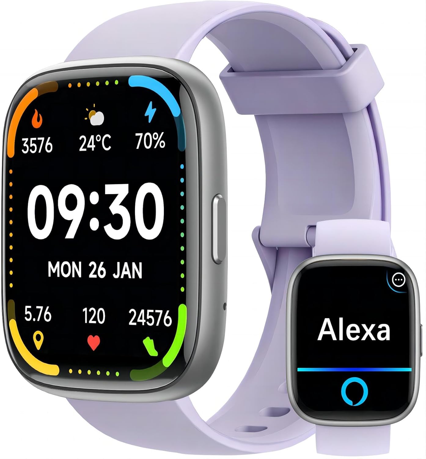 MILOUZ Smart Watch displaying time, date, steps, and weather, alongside a screen showing Alexa