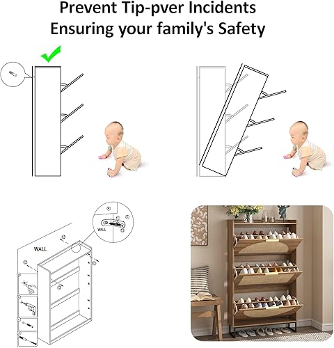 Miniatura 4 de Maupvit Gabinete de almacenamiento de zapatos de ratán con 3 cajones abatibles, organizador de zapatos independiente con patas de metal para