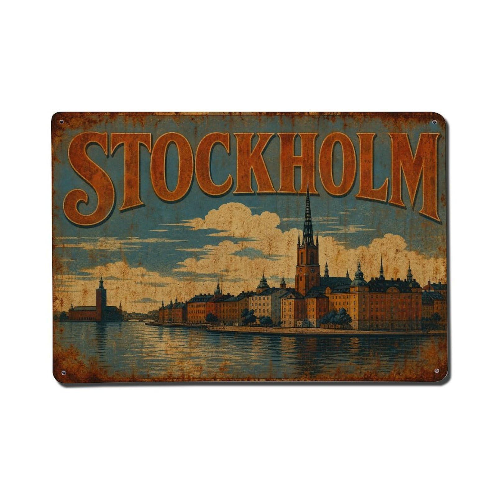 Huiyhb 8X12inch(20X30cm) Vintage Travel Stockholm Waterfront City Sweden Metal Tin Sign