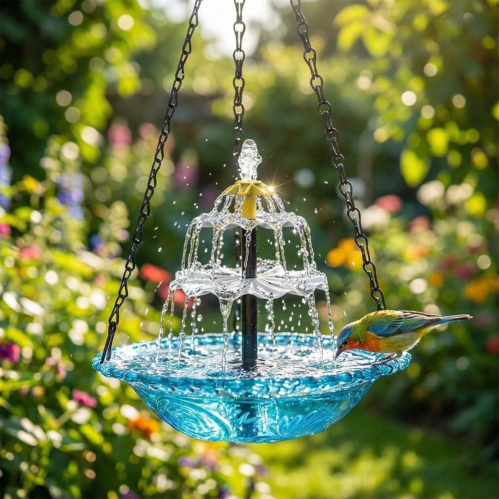Solar Cascade Hanging Bird Bath Fountain, Outdoor Solar Powered Bird Bath and Feeder with Water Pump for Wild Birds & Hummingbirds, Decorative Hanging Water Feature for Garden