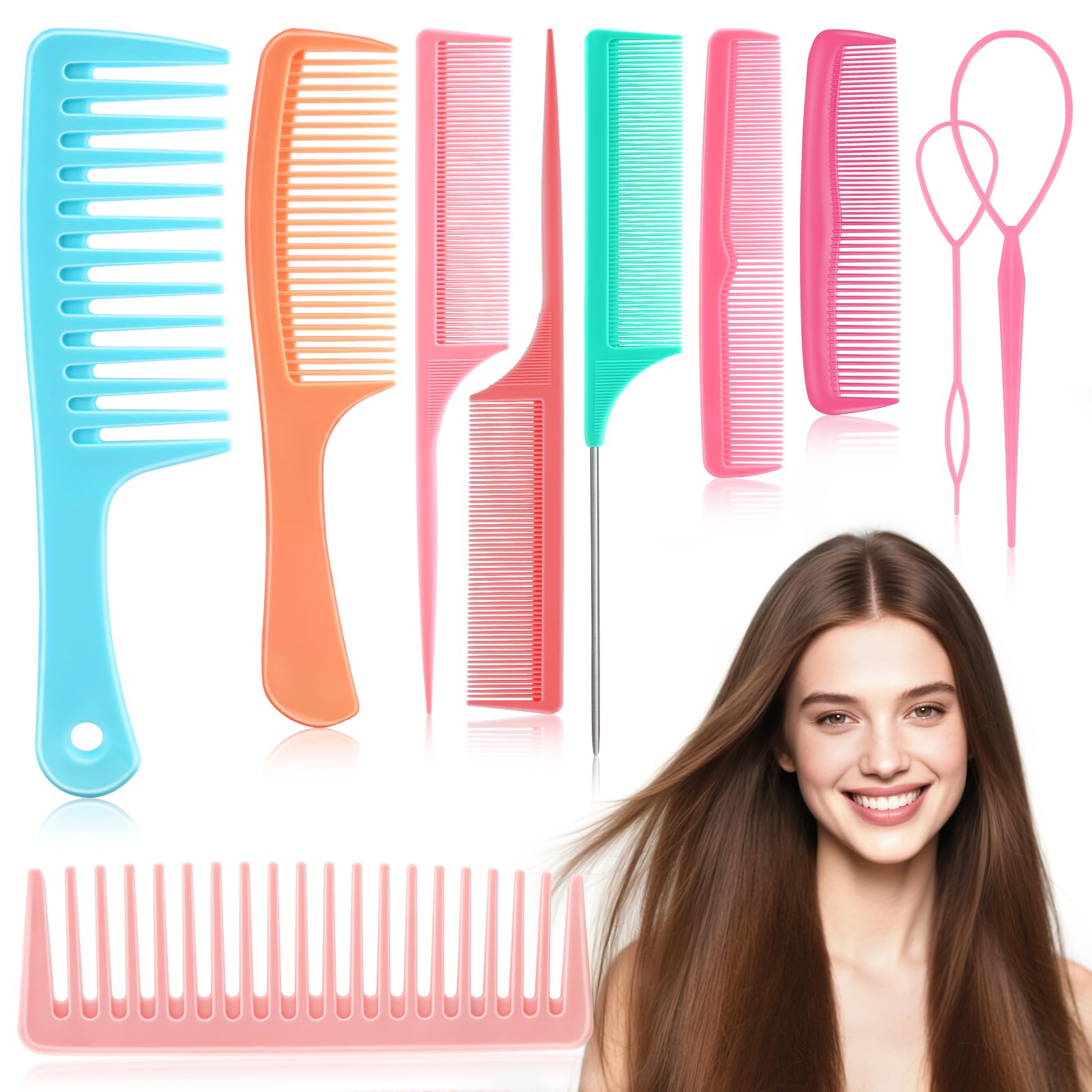NICEMOVIC Hair Combs for Women, Wide Tooth Hair Combs & Rat Tail Comb Topsy Tail Hair Tool 10 Pcs Hair Combs Set Shaping Tool Suitable for Curling Combing Straightening and Parting Braiding