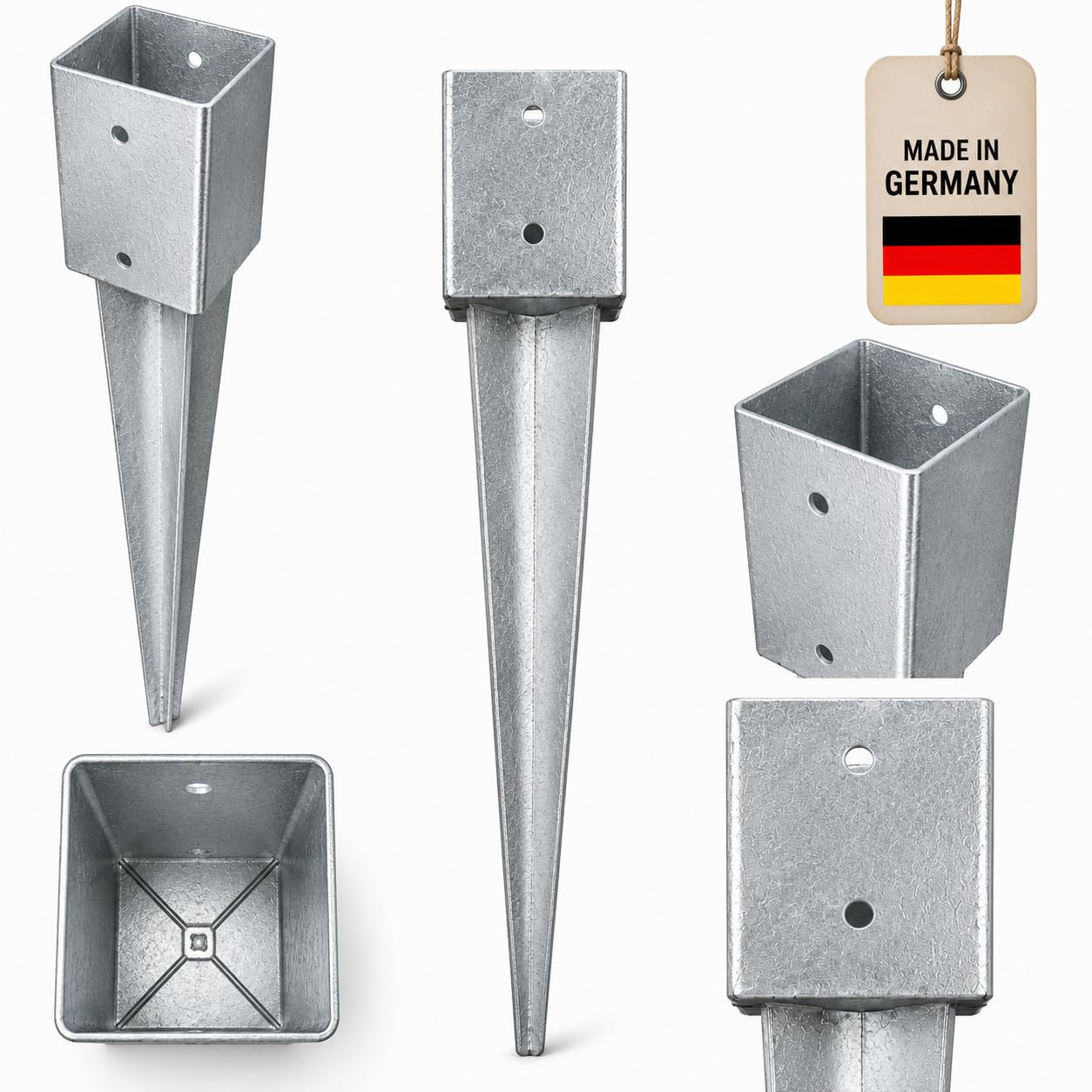 Einschlagbodenhülse 120x120x750 4 Stück Feuerverzinkter Pfostenträger aus Stahl für Vierkantpfosten Bodenhülse Einschlaghülse Bodenanker für Zaun Carport Pergola und Holzpfosten