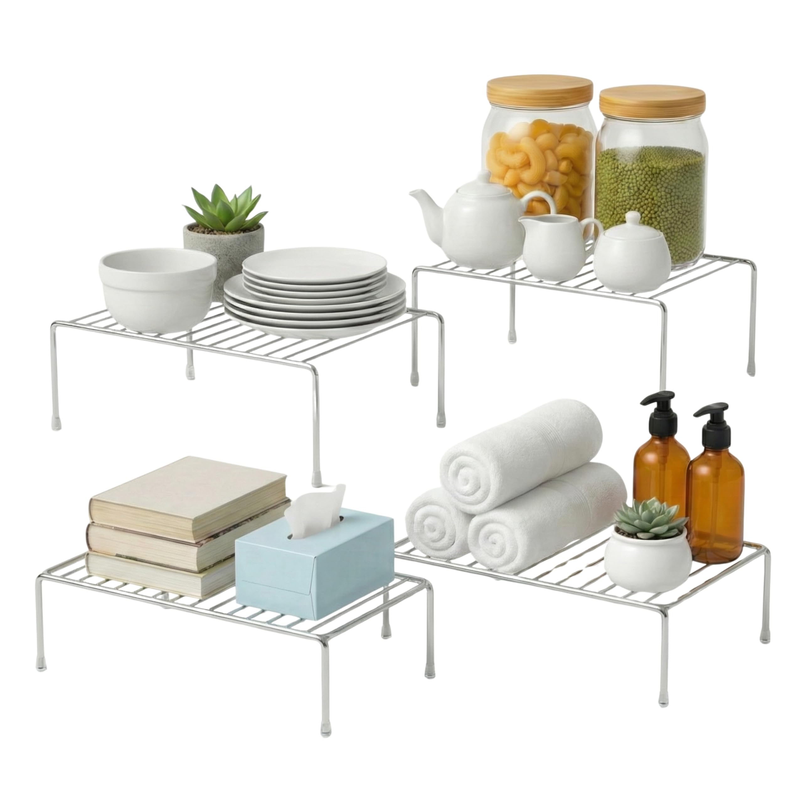 Evelots Kitchen Cabinet Wire Shelf Organizer/Rack - 4 Pack Sturdy Large Metal Shelf Risers - Double Your Counter Space - Great for Kitchen, Freezer,