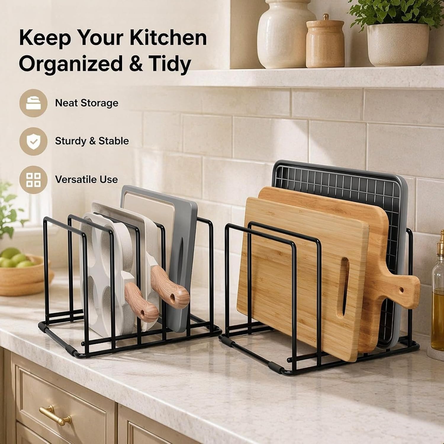 2 Pack Cutting Board Organizer with Cleaning Accessories, Kitchen Cabinet Organizer | Iron powder-coated rack; 5 compartments, 7.5×7.5×6.1in; stackable; comes with 2 mini scrapers & 1 gap cleaning brush