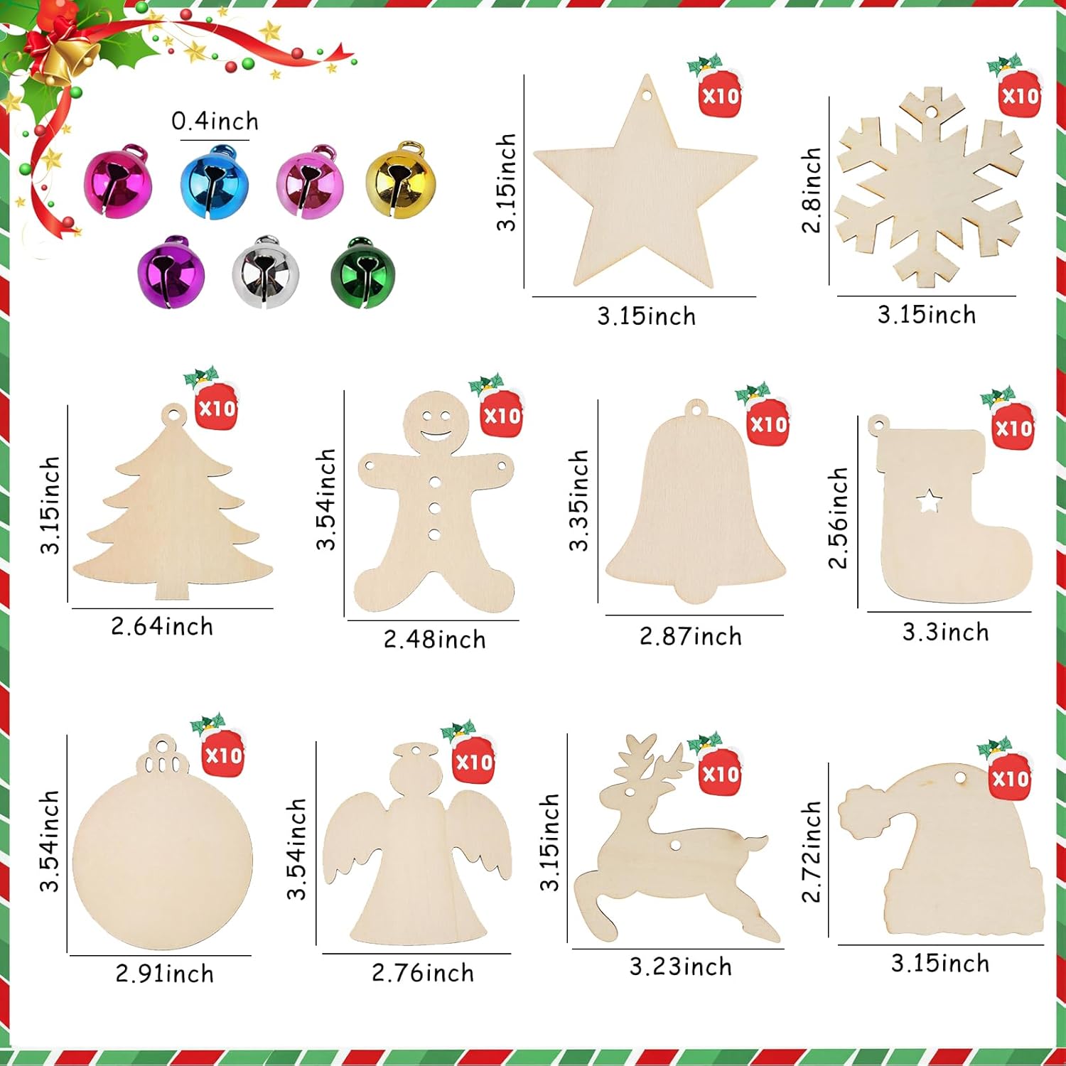 3 otters 100PCS Wooden Christmas Ornaments Set, Christmas Crafts for Kids Adults, with Pre-drilled Hole and Ropes, 100 Bells and 12 Colored Pens, Unfinished Wood Crafts for DIY Xmas Tree Decorations