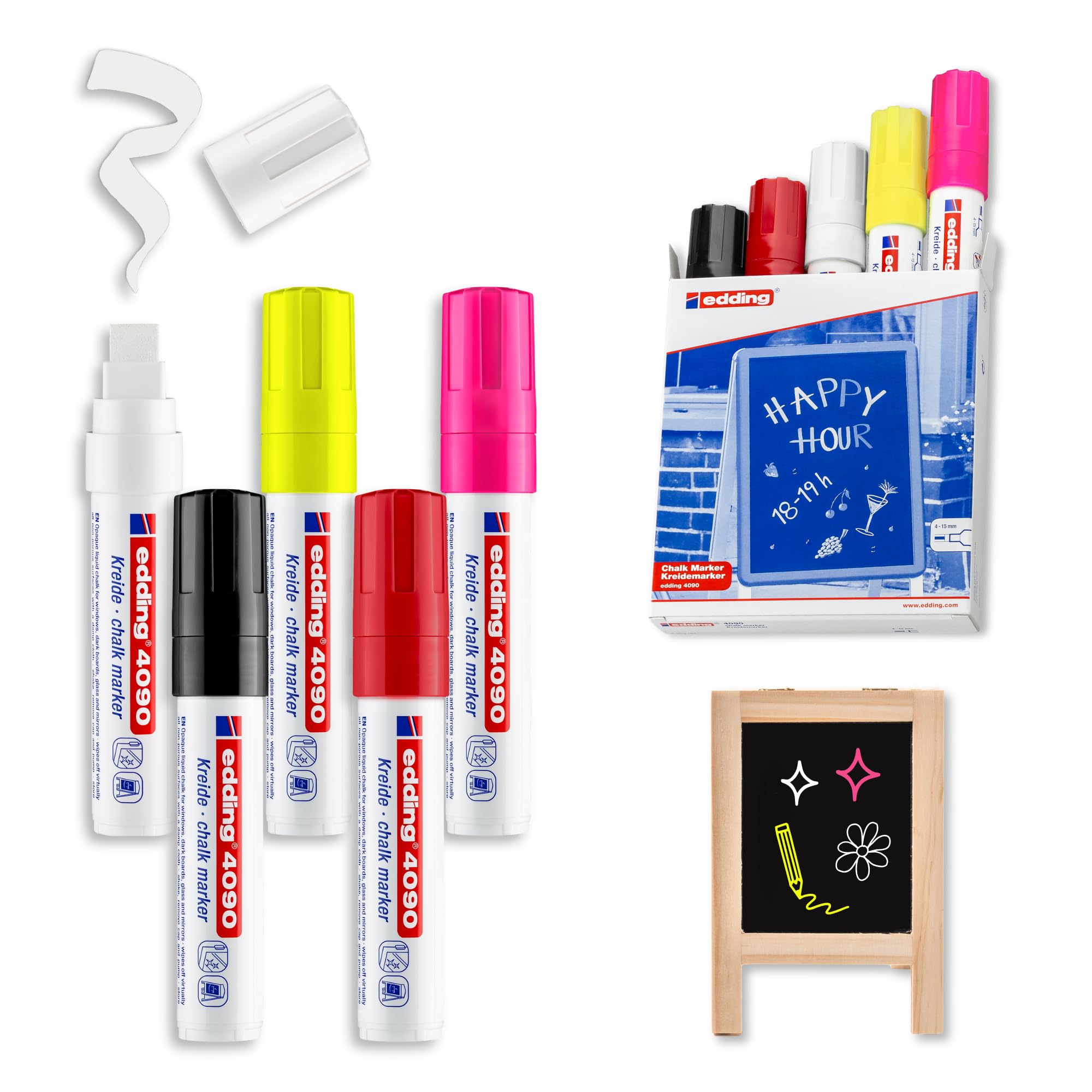 edding 4090 chalk marker - multi-coloured (basic) - 5 chalk pens - chisel tip 4-15 mm - wet wipe pen for chalkboards, windows, glass, mirrors - liquid chalk marker pens for opaque coverage
