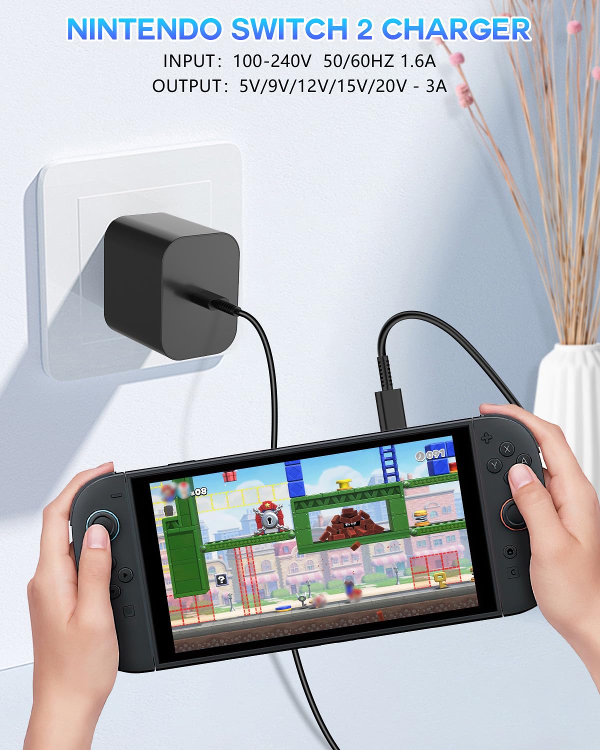 Cargador para Switch 2, Adaptador de Corriente para Switch 2 Dock y Controlador Pro/Switch Lite, Adaptador de 60W Carga Rápida Compatible con Modo TV/Switch/Switch OLED
