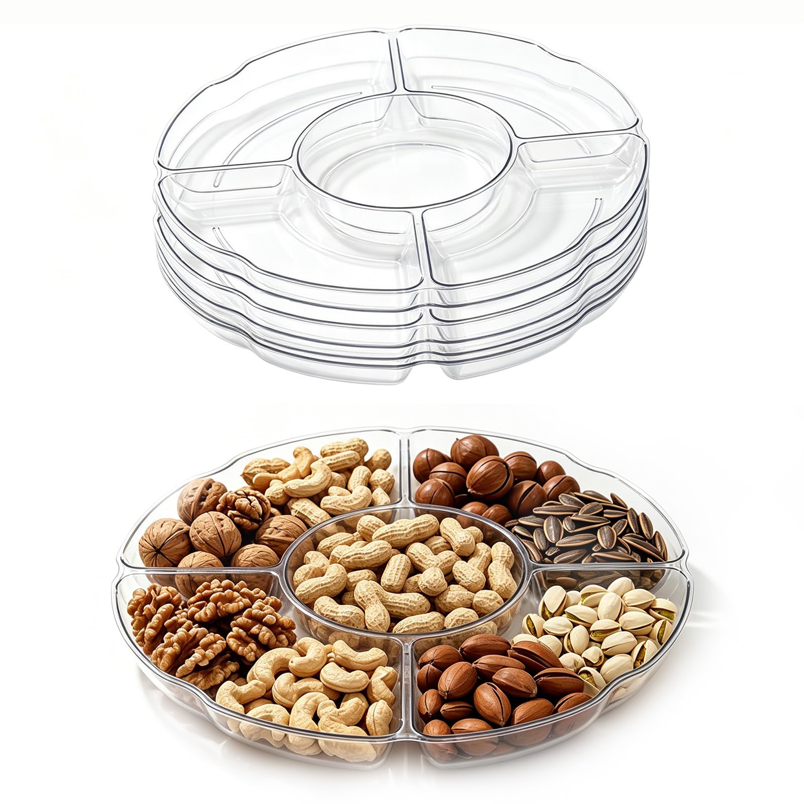 6 Pack Clear Compartment Trays with 5 Section, Reusable Plastic Trays and Platters for Parties Snacks Fruit Candies Dessert Nibbles Nuts