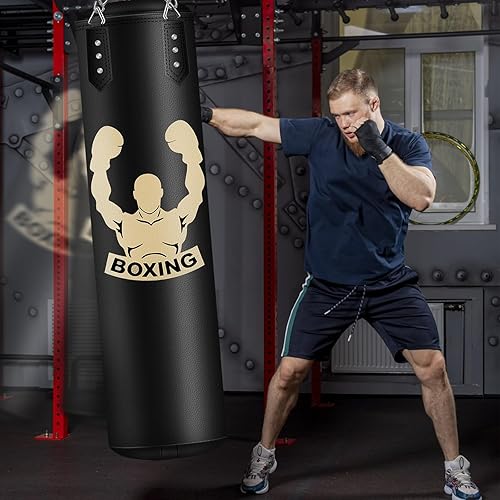 Miniatura 5 de Saco de boxeo colgante de 4 pies para adultos, equipo de entrenamiento de boxeo de cuero súper PU, bolsa pesada con guantes de MMA de 12 onzas,