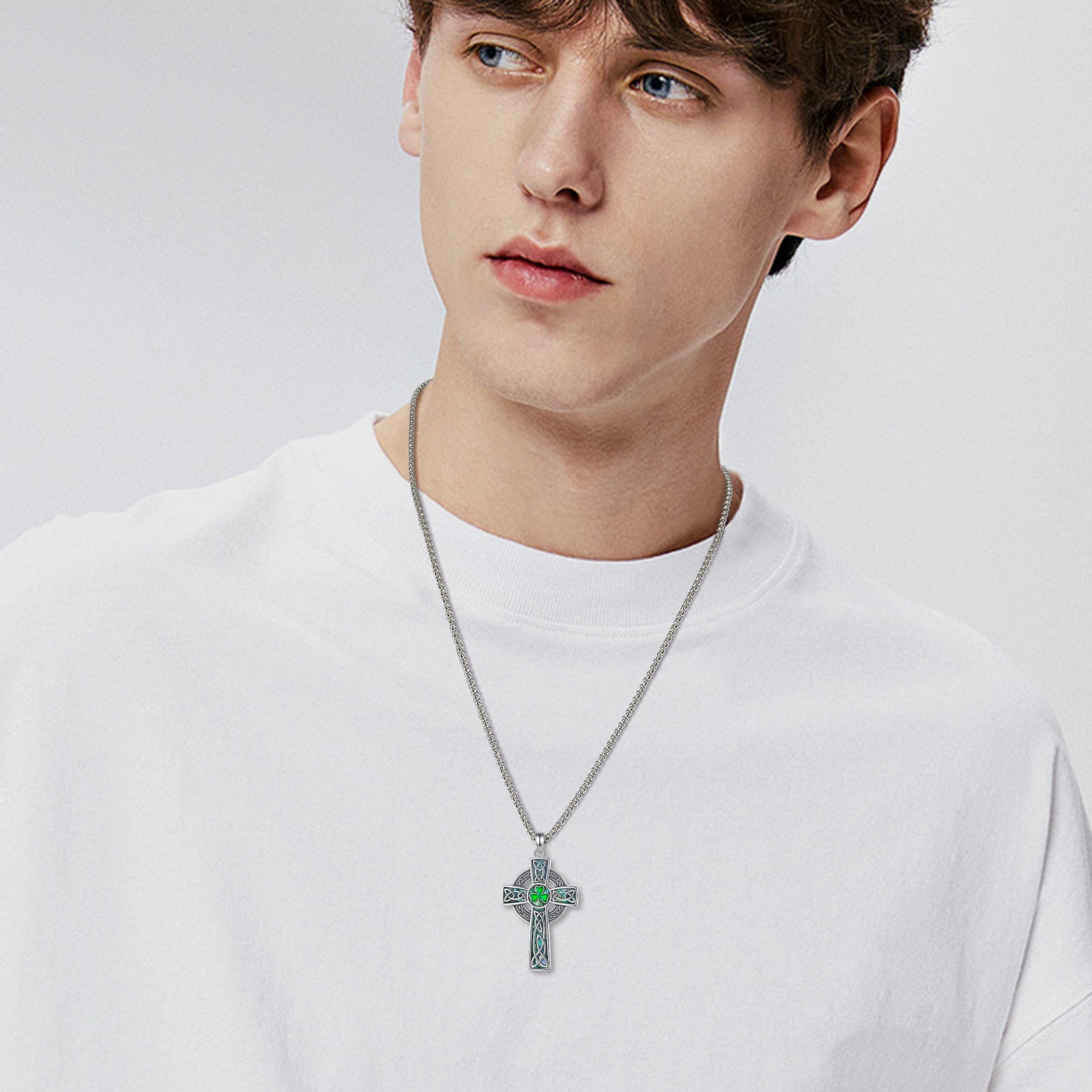 AEONSLOVE Collana Croce Celtica per Donna Uomo, Ciondolo Nodo Celtico Irlandese Argento 925 Gioielli Irlandesi con Claddagh Quadrifoglio
