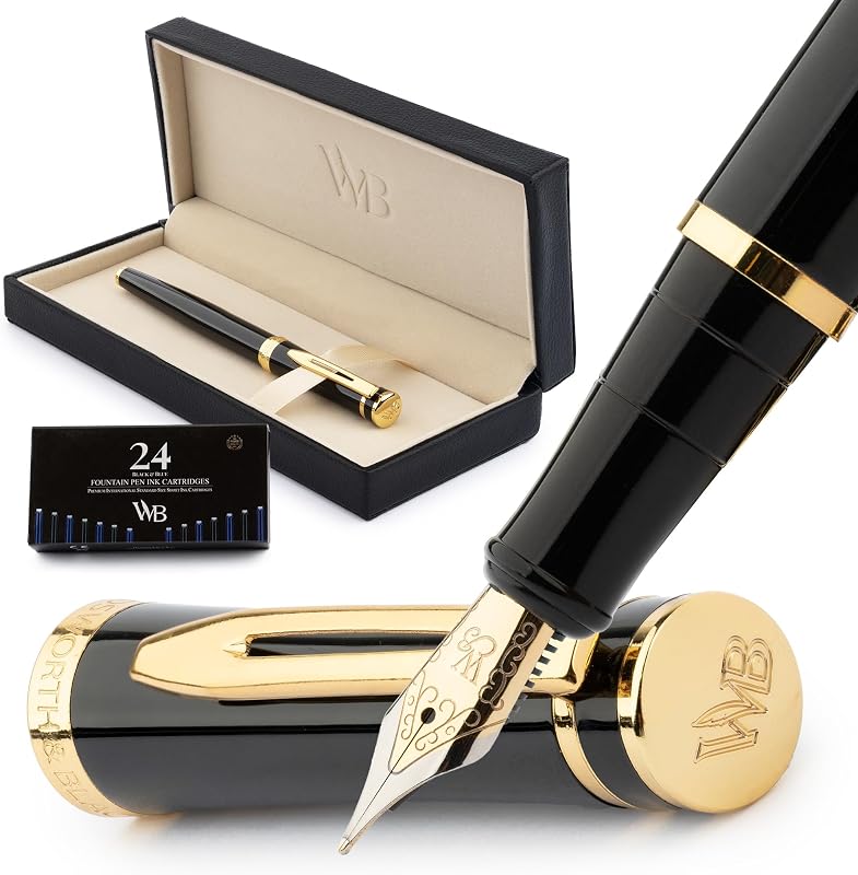 Wordsworth & Black Juego de pluma estilográfica de lujo para escribir, punta media, negro | Regalo para hombres y mujeres, cuerpo de latón, iridio alemán de 18 quilates, caligrafía, convertidor + 24 cartuchos de tinta, recargable, sin fugas