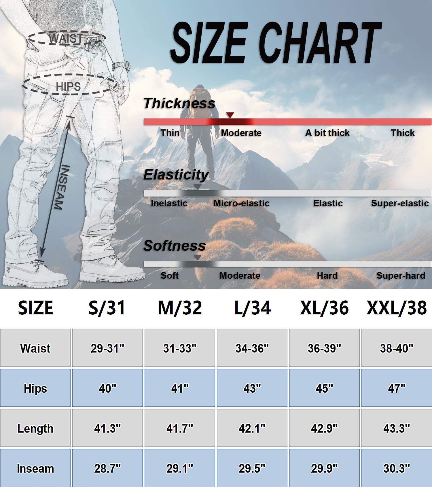 FLYFIREFLY Pantaloni da trekking da uomo, leggeri, impermeabili, per esterni, con tasche multiple (senza cintura)