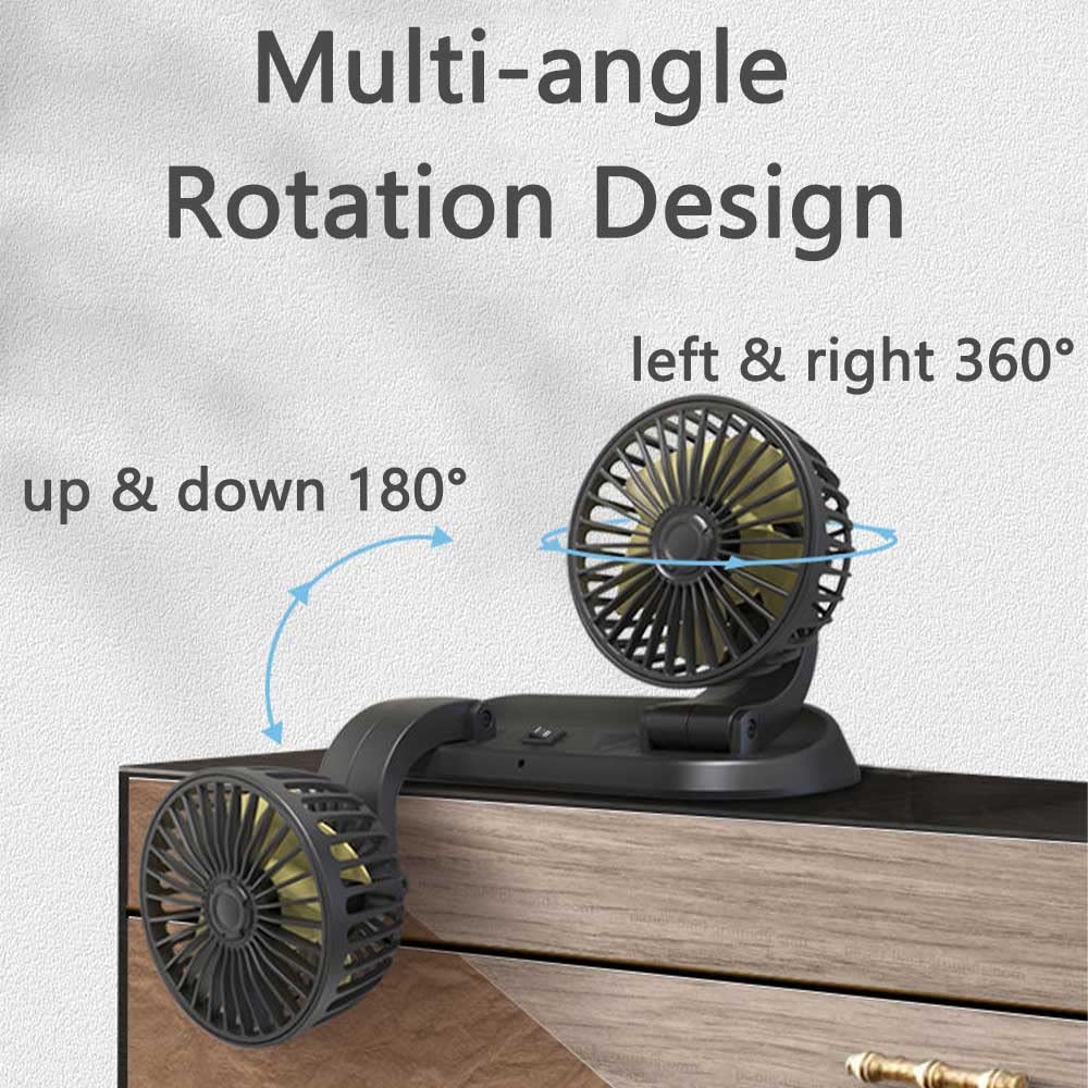 Riloer Ventilateur de voiture, ventilateur de refroidissement de voiture à double tête, rotation horizontale à 360° et verticale à 180°, Voiture 12V