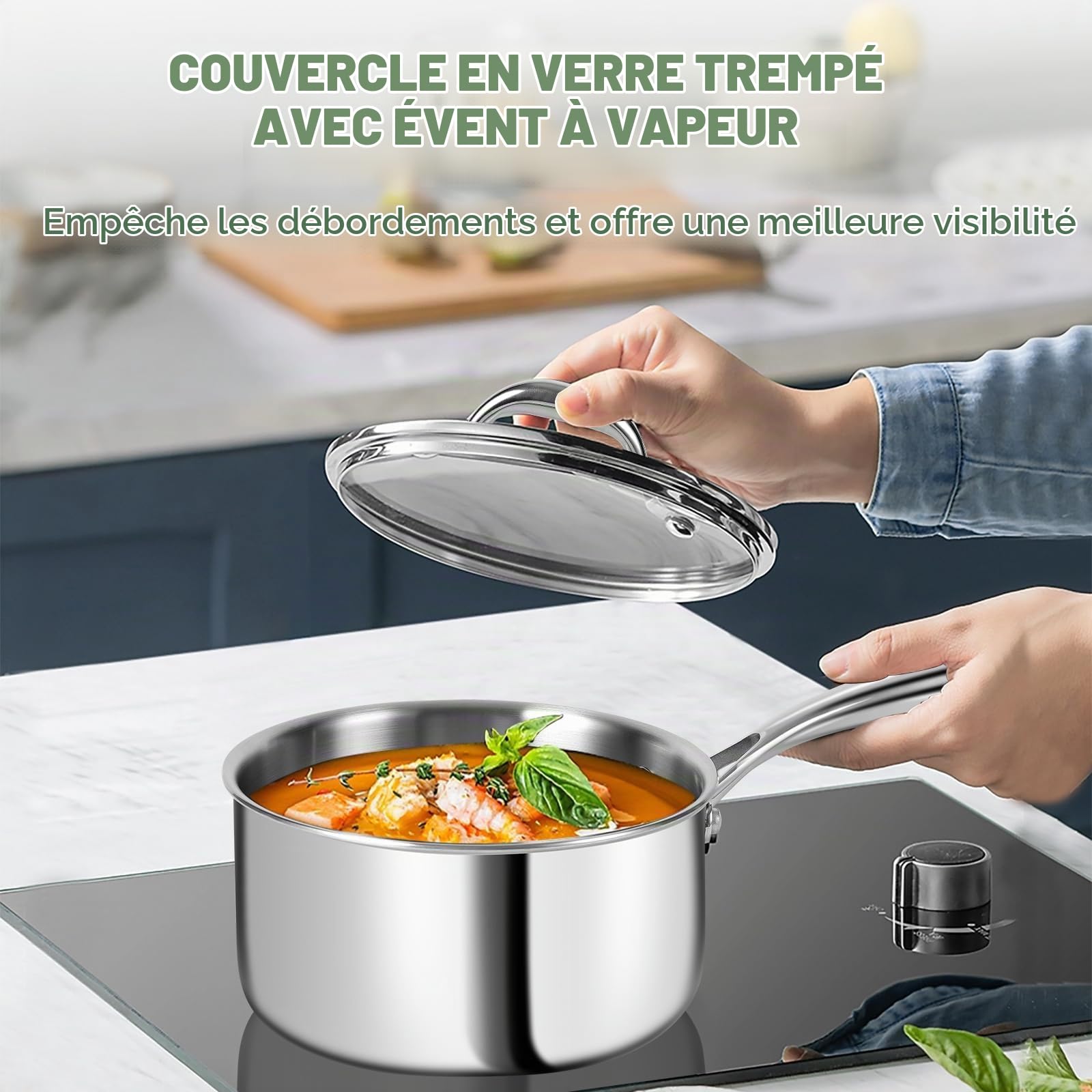 Ensemble de casseroles et poêles en acier inoxydable 3 plis – Batterie de cuisine 11 pièces avec couvercles en verre – Ensemble de casseroles et poêles à induction – Passe au four, sans PFOA, PTFE et