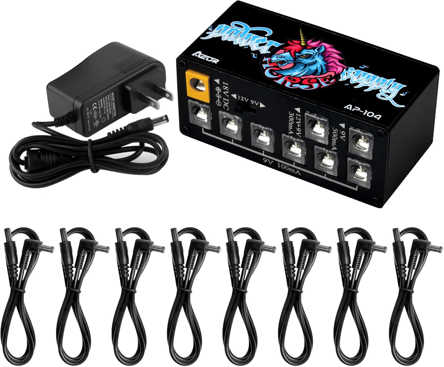 AZOR AP-104 Pedal Power Supply 8 DC Outputs Mini Pedal Board Power Supply with Switchable Voltage for 9V/12V Effect Pedal Power Supply
