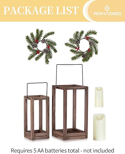 Miniatura 5 de Romadedi Farol decorativo de madera de Navidad, juego de 2 faroles decorativos para velas con corona de Navidad y velas LED para centros de mesa,