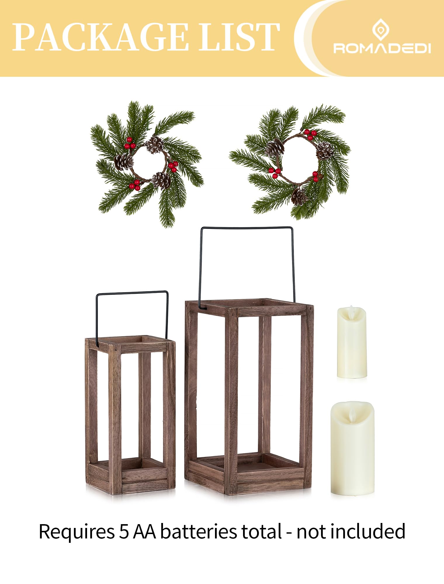 Romadedi Lot de 2 lanternes de Noël décoratives en bois avec couronne de Noël et bougies LED pour centres de table, cheminée, cheminée rustique, décoration d'intérieur, cadeau