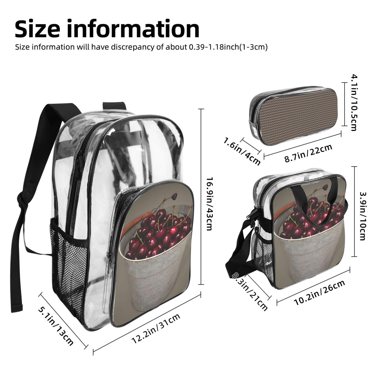 Zaino trasparente con stampa di ciliegie, unisex, per viaggi all'aperto, con astuccio trasparente per 3 penne