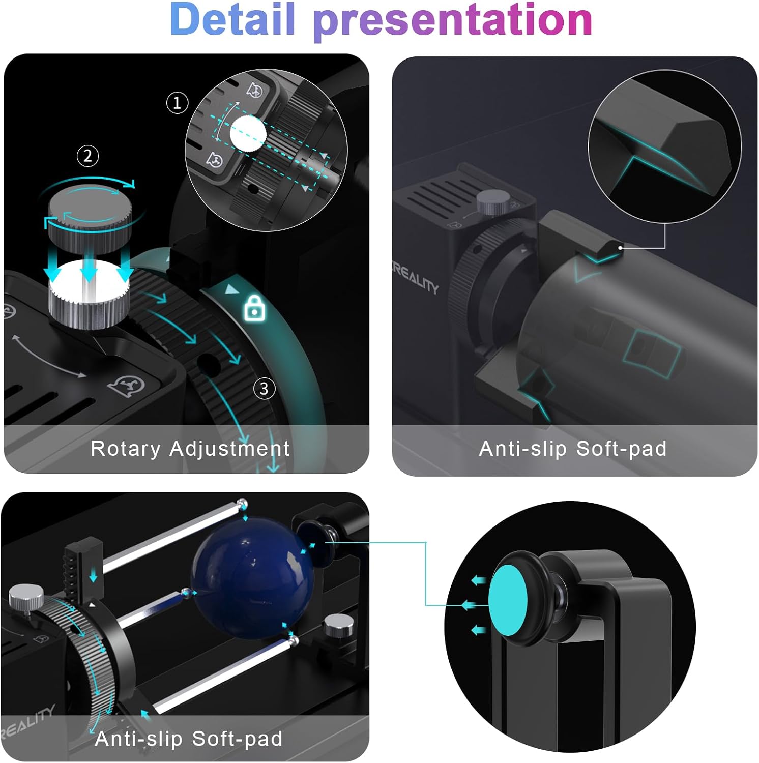 Four detailed views of the rotary roller: rotary adjustment knob, anti-slip soft-pad, and hex stud holding a sphere.