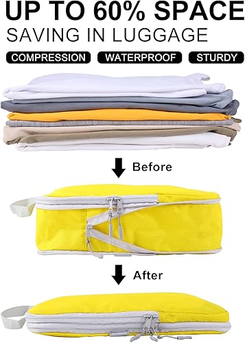 Vista 4 de COVAX Juego de 4 cubos de embalaje de compresión, organizadores de equipaje de viaje y cubos de almacenamiento (amarillo)