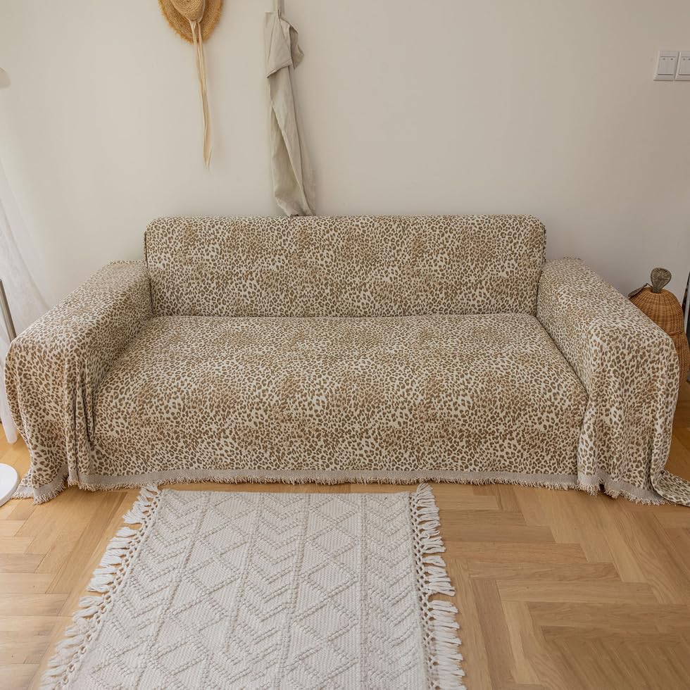 AMWAN Light Khaki Jacquard Leopard Print Large Chenille Sofa Cover Universal Durable Couch Cover for DogsCatsKidsLarge Sofa Slipcover3 Cushion SofaFurniture Protector Sofa Throw Cover 71×134