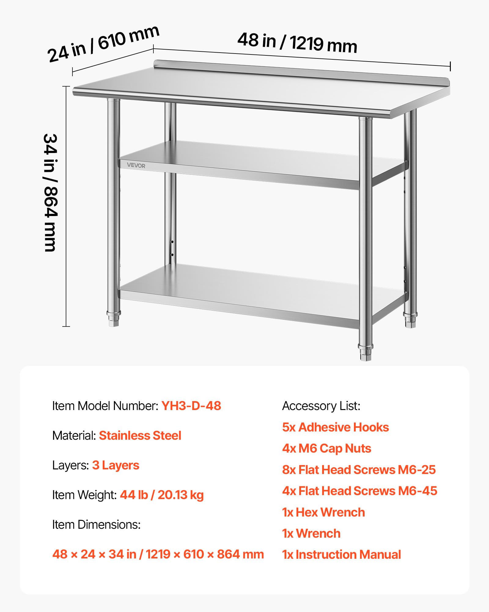 VEVOR Mesa de Trabajo de Acero Inoxidable 3 Niveles, Mesa de Preparación de Alimentos 121,9x61x86,4 cm, Estante Inferior Ajustable, Protector contra Salpicaduras, para Restaurantes, Bares, Hoteles