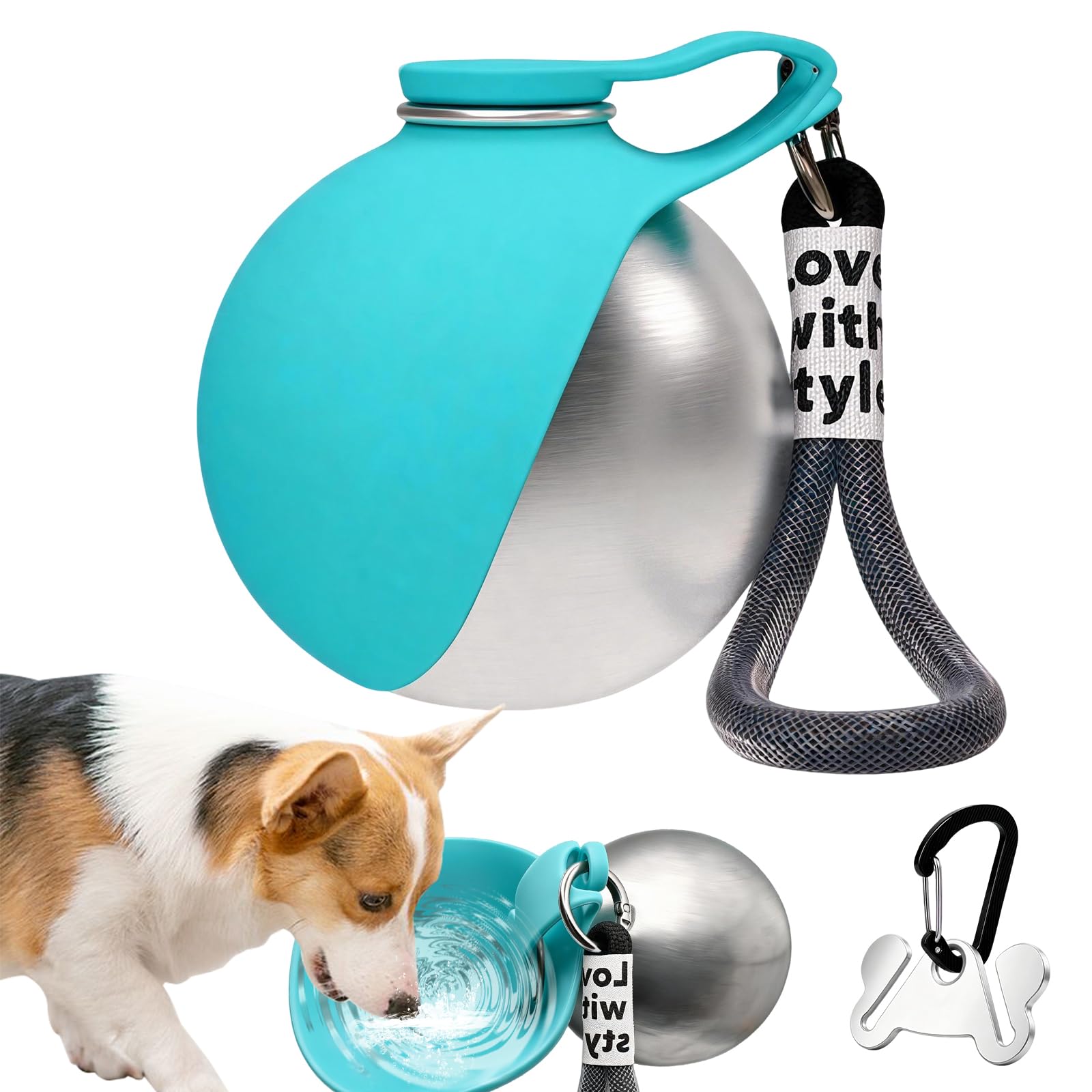 Bebedero Perro Portatil con Cuenco de Silicona Plegable | 285ml Botella de Agua para Perros de Acero Inoxidable, a Prueba de Fugas, para Pasear al Perro, senderismo y Viajes, Azul