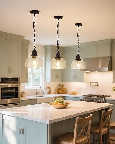 Miniatura 6 de EAPUDUN Paquete de 1 lámpara colgante de granja, lámpara colgante industrial de 1 luz con pantalla de vidrio sembrado redonda de 9.3 pulgadas,