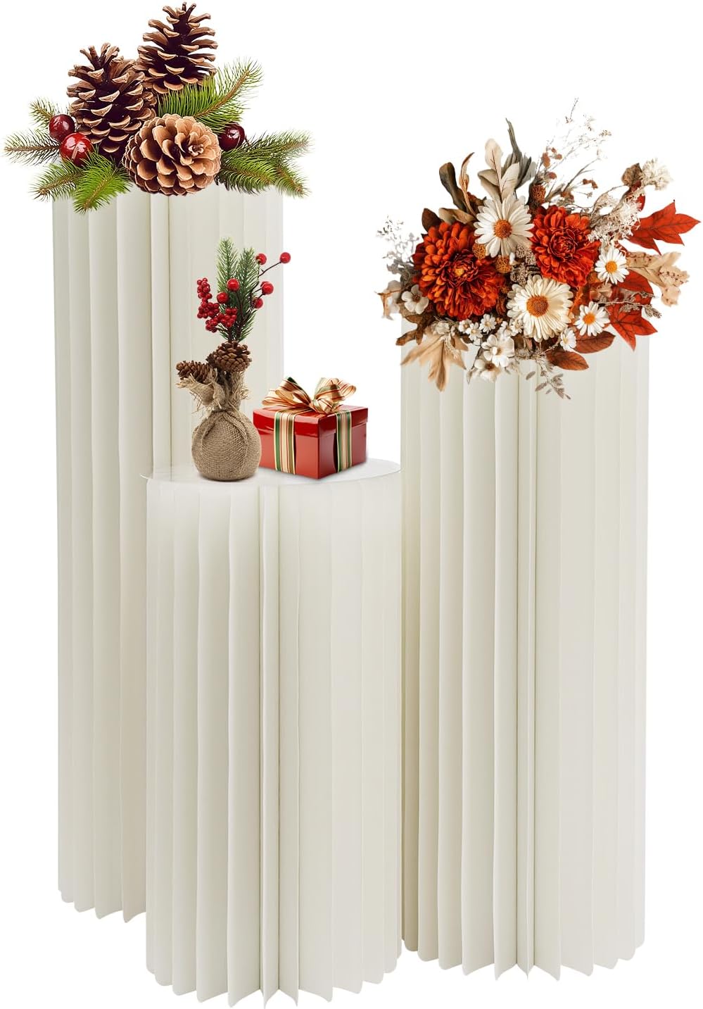 3Pcs Foldable Cardboard Centerpiece Pedestals, Accordion Cylinder Flowers Cake Stand Display w/Acrylic Disc for Wedding Birthday Baby Shower Party Decor, 23.6in * 31.5in * 39.4in （3PCS-2）