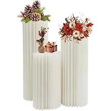3pcs Foldable Cardboard Centerpiece Display Cylinder Flowers Stand with 3 Clear PVC Top Plates Column Display for Wedding Party and Garden Decoration White