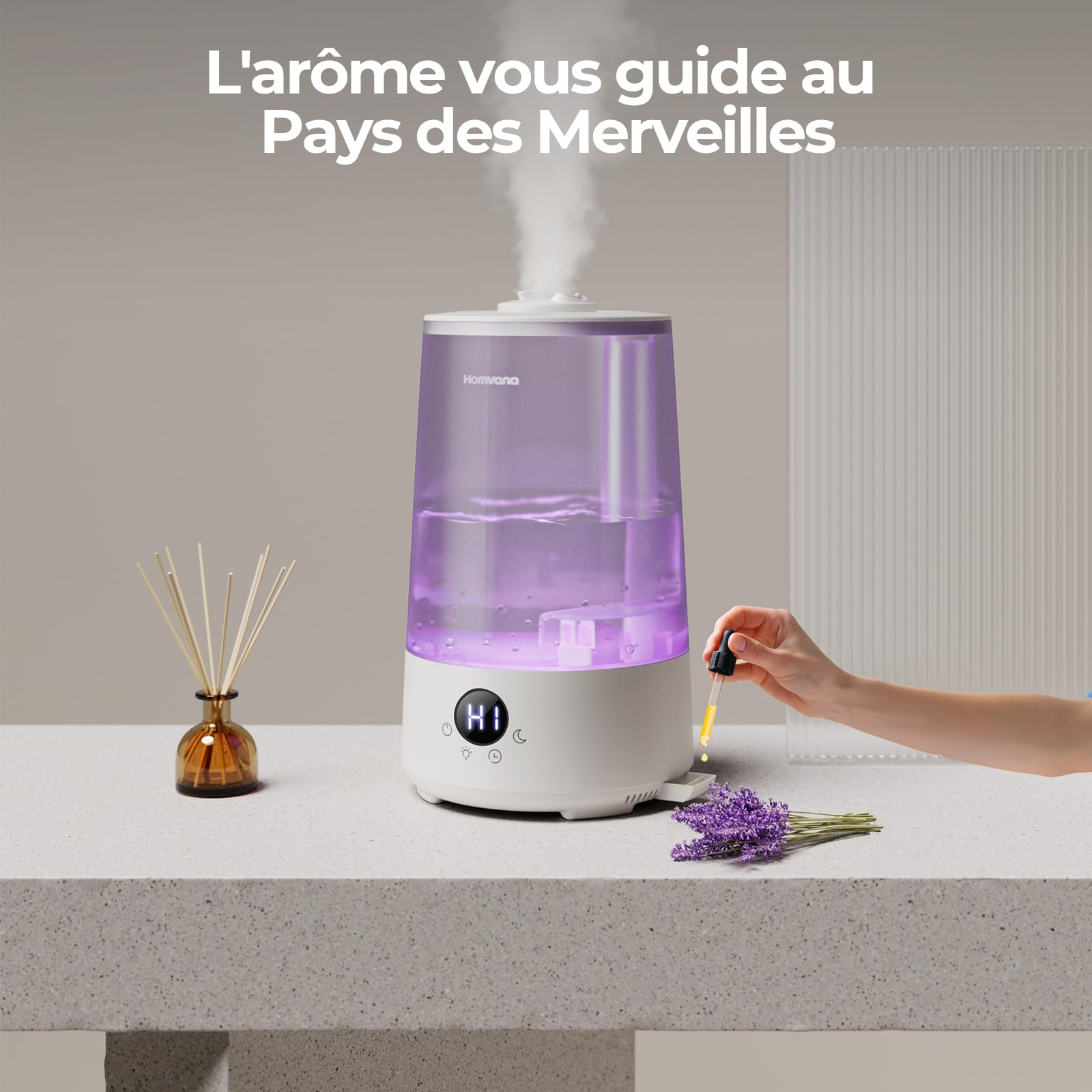 Homvana Humidificateur d'Air bébé, 3.6 L Cool Mist Top-Fill, 16dB Silencieux, 34H Durable Humidificateu Chambre, Plante, BPA Free Avec Plusieur Modes d'humidité, 7 Color Light, Diffuseur (Gris)