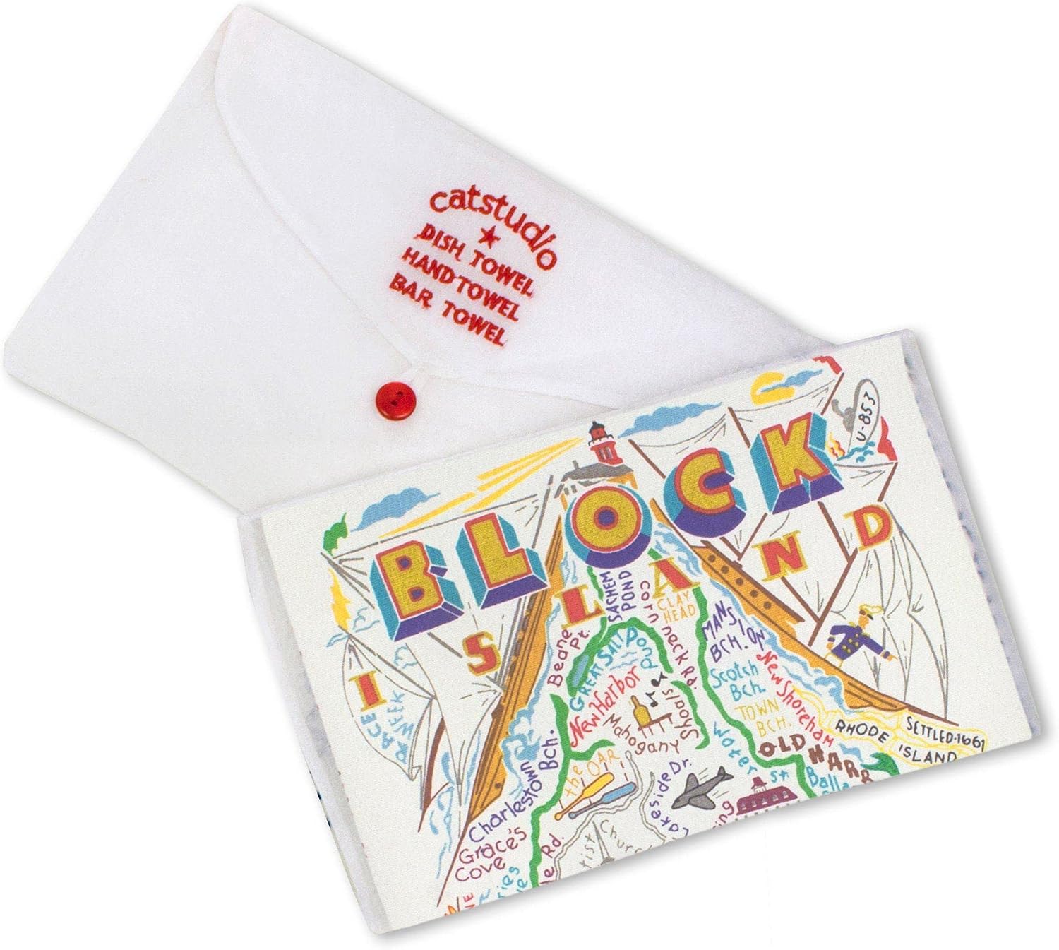 Catstudio Block Island Dish Towel, US Geography Souvenir Kitchen Towel, Hand Towels with Original Artwork, Washable for Block Island Lovers, Travel Souvenir