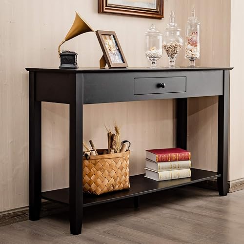 Miniatura 2 de Giantex Mesa de consola con cajón, estante de almacenamiento y plataforma de exhibición, mesa de madera de 2 niveles para sofá, mesa decorativa para