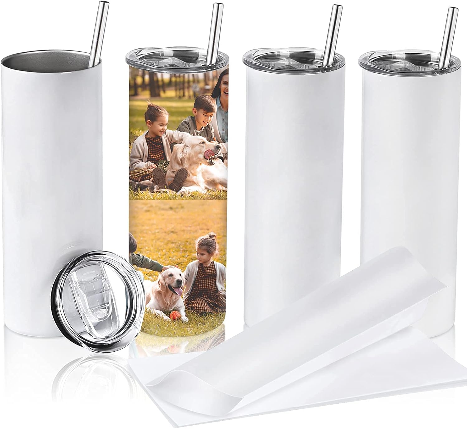 D·S 4 Pack Sublimation Tumblers Blank 20 oz Skinny Stainless Steel Insulated Tumblers with Straw, Lid, Brush and Shrink Wrap