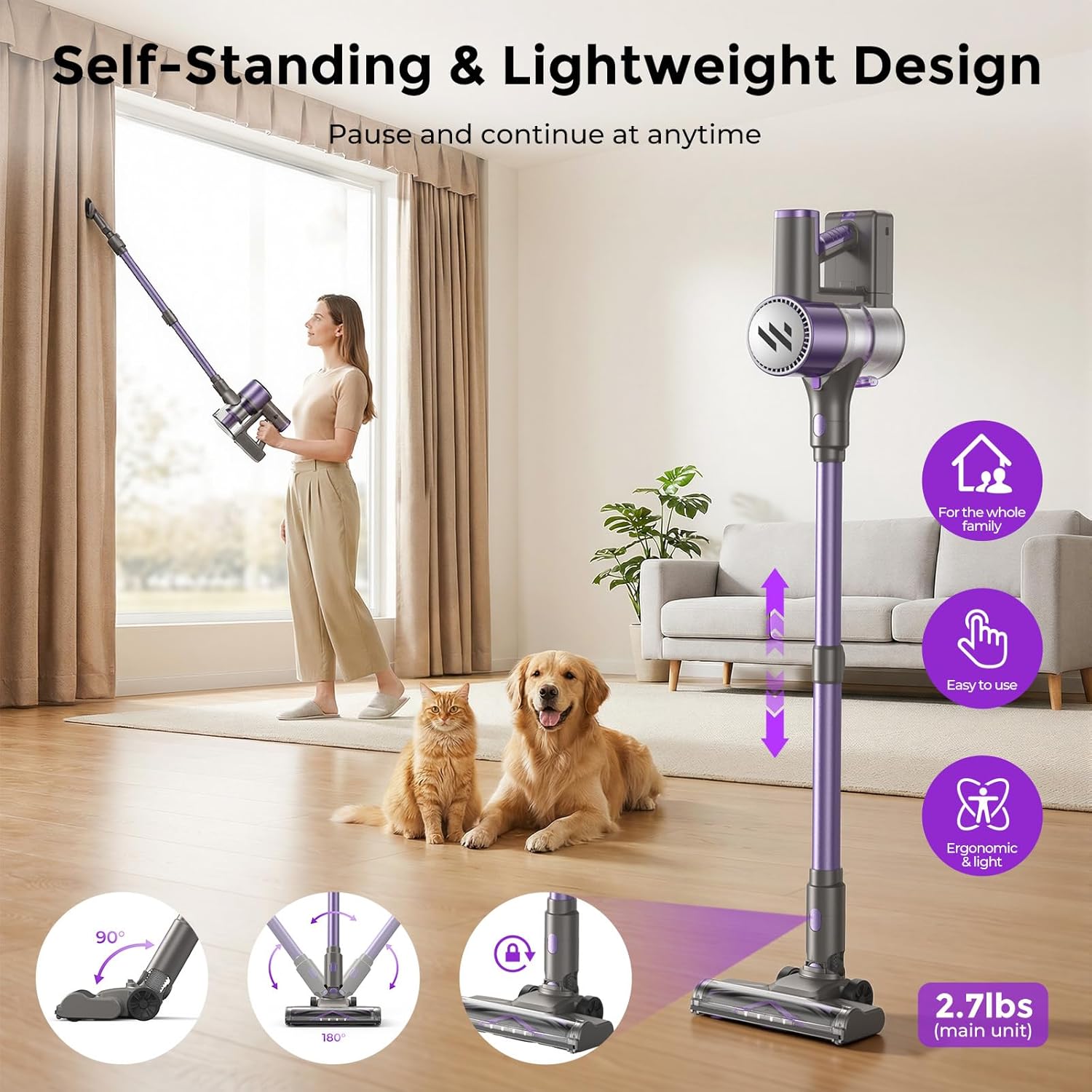 MBTTODF Cordless Vacuum Cleaner,Vacuum Cleaner for Home with Brushless Motor,Lightweight Stick Vacuum with Self-Standing and Touch Screen,Hardwood Floor Vacuum for Pet Hair,Carpets,Tile(Light Purple)