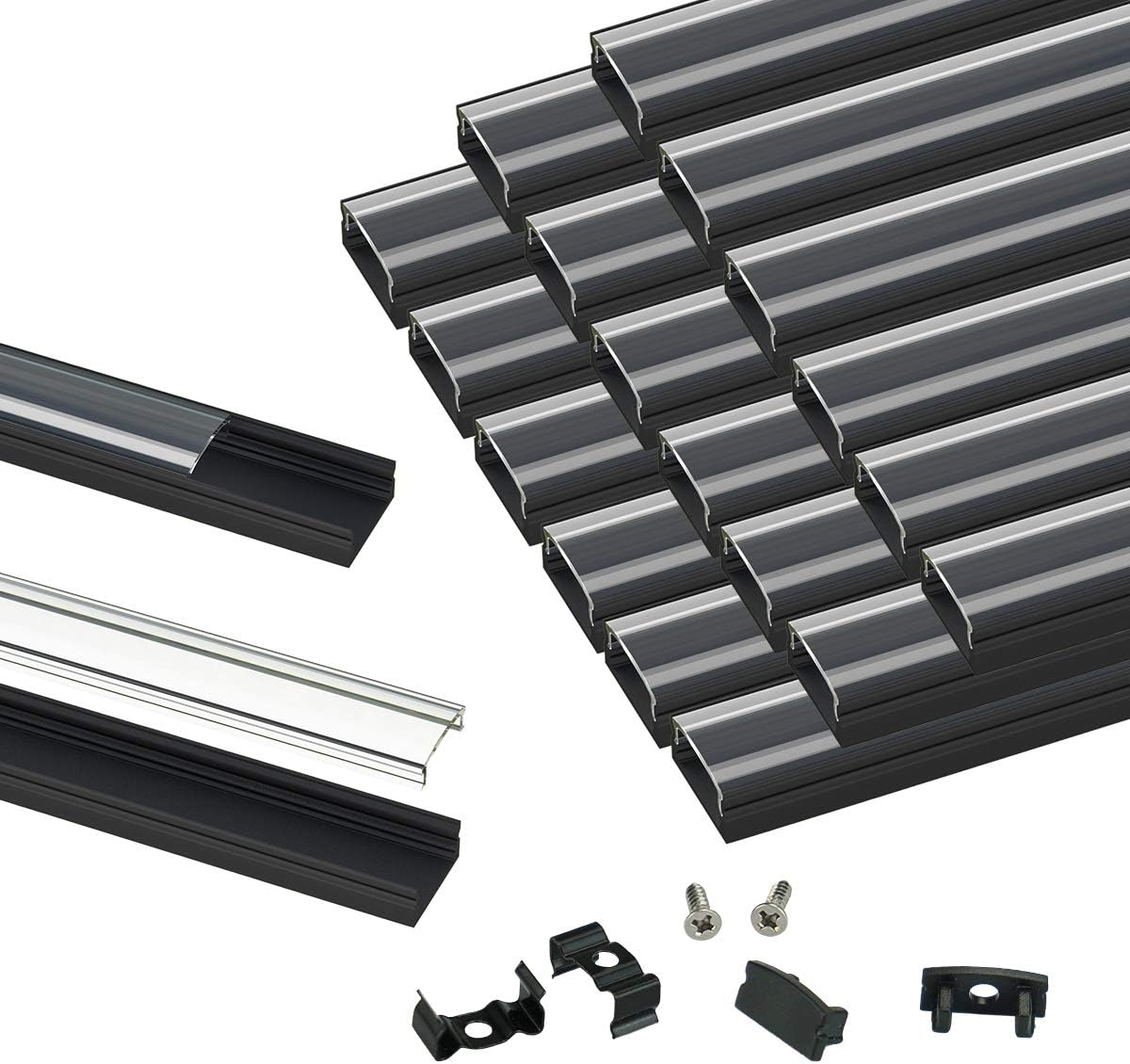 Muzata 20Pack 3.3FT/1M Black LED Channel System with Transparent Clear Cover Lens,Aluminum Extrusion Track Housing Profile for Strip Tape Light, U Shape U1SW BT 1M,LU1 LH1 20*3.3ft