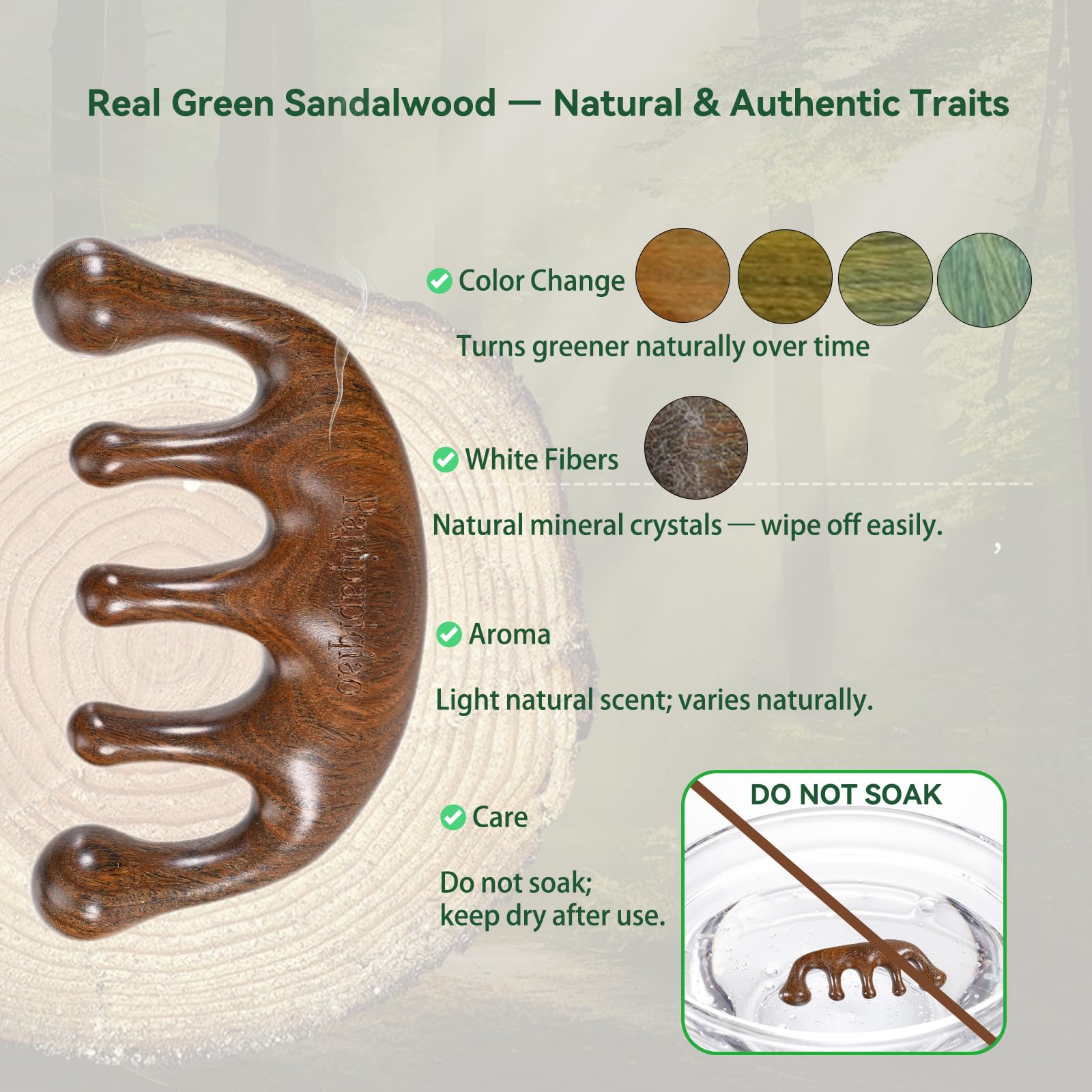 Pettine Gua Sha in legno di sandalo verde naturale, strumento per massaggio viso, cuoio capelluto e corpo, strumento per massaggio manuale multipunto e punto di pressione, regalo per rilassamento e