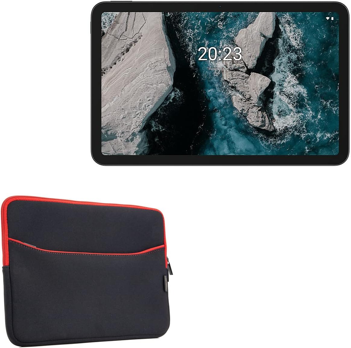 BoxWave Case Compatible with Nokia T20 - SoftSuit with Pocket, Soft Pouch Neoprene Cover Sleeve Zipper Pocket - Jet Black with Red Trim