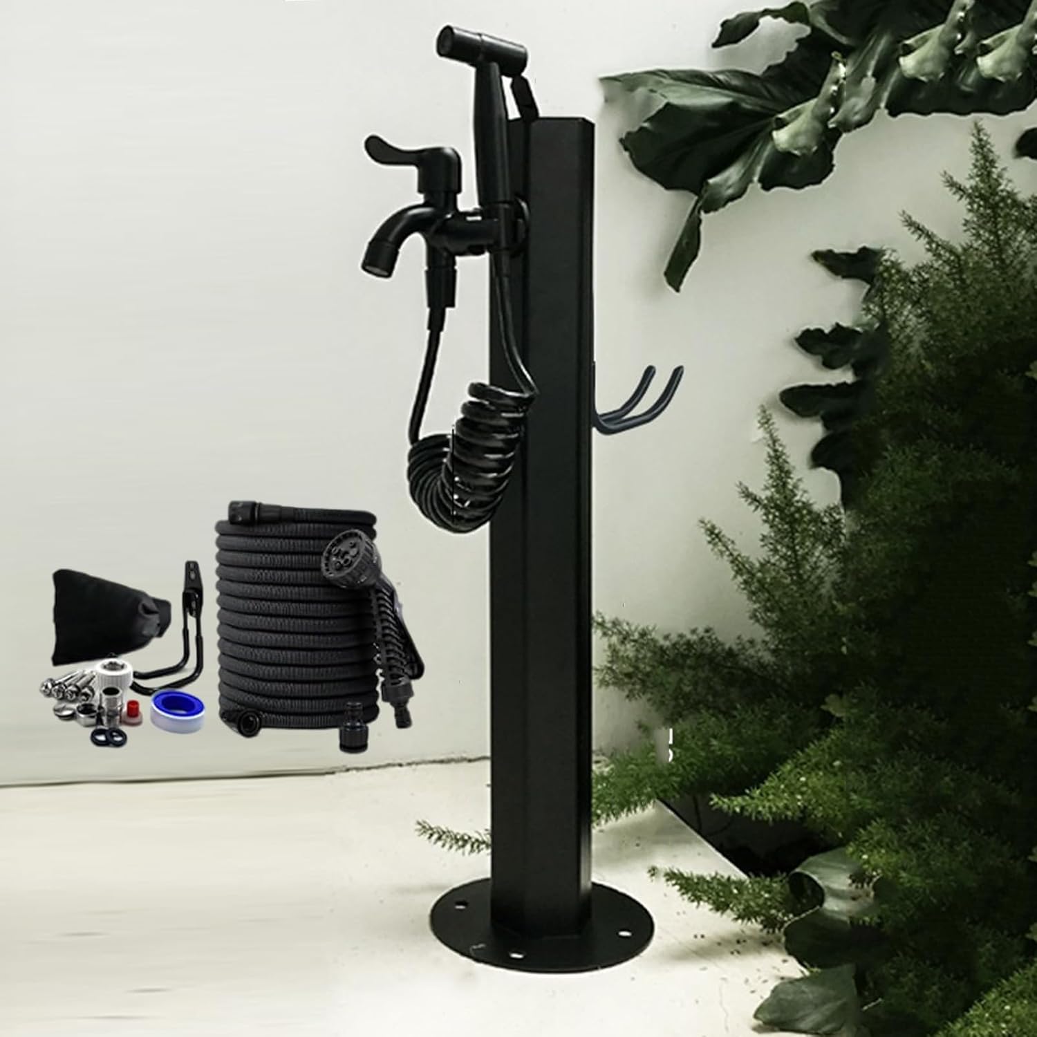 304 Stainless Steel Outdoor Freestanding Water Fountain - 37.4" Tall Garden Hose Stand with Faucet, Stylish Landscape Hydrant Decor for Yard and Patio